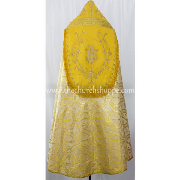 METALLIC YELLOW ROMAN COPE AND STOLE SET WITH IHS EMBROIDERY