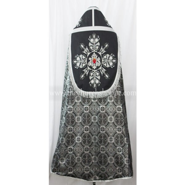 METALLIC BLACK WITH SILVER ROMAN COPE AND STOLE SET WITH IHS EMBROIDERY