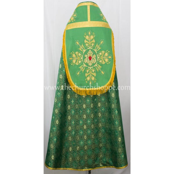 METALLIC GREEN ROMAN COPE AND STOLE SET WITH IHS EMBROIDERY