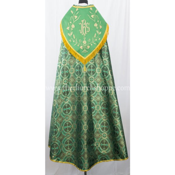 METALLIC GREEN GOTHIC COPE AND STOLE SET WITH IHS EMBROIDERY