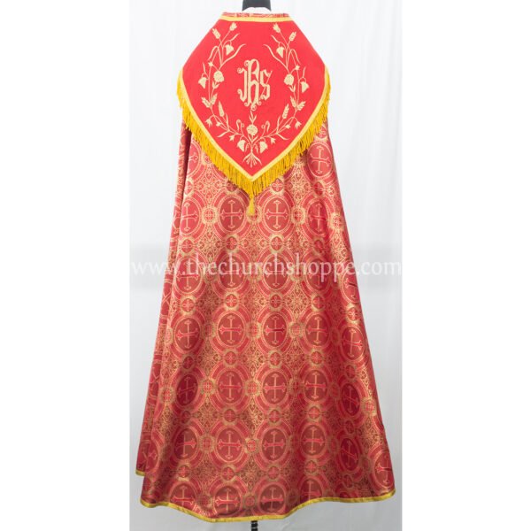 METALLIC RED GOTHIC COPE AND STOLE SET WITH IHS EMBROIDERY