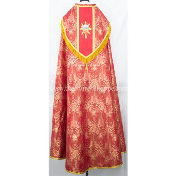 METALLIC RED GOTHIC COPE AND STOLE SET WITH SLAIN AGNUS DEI EMBROIDERY