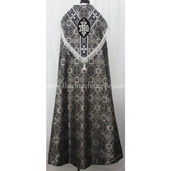 METALLIC BLACK WITH SILVER GOTHIC COPE AND STOLE SET WITH IHS EMBROIDERY