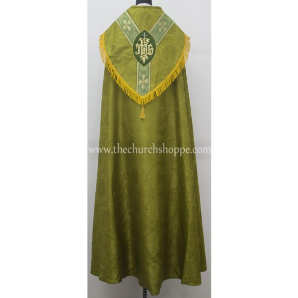 OLIVE GREEN GOTHIC COPE AND STOLE SET WITH IHS EMBROIDERY