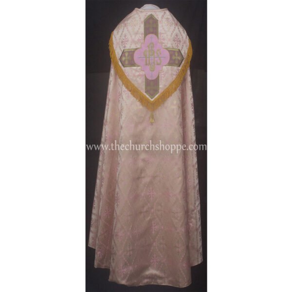 METALLIC LIGHT ROSE GOTHIC COPE AND STOLE SET WITH IHS EMBROIDERY