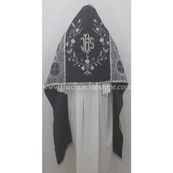 BLACK WITH WHITE HUMERAL VEIL WITH IHS EMBROIDERY