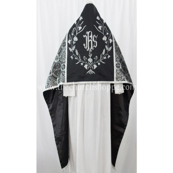 BLACK WITH SILVER HUMERAL VEIL WITH IHS EMBROIDERY