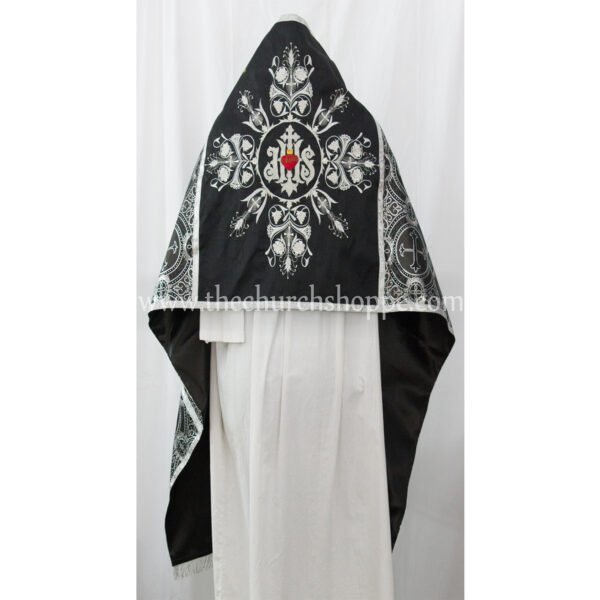 METALLIC BLACK WITH SILVER HUMERAL VEIL WITH IHS EMBROIDERY