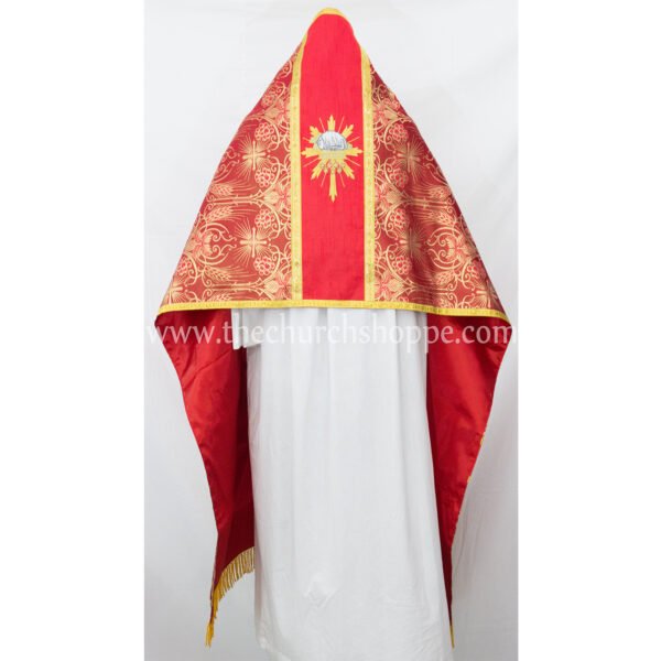 METALLIC RED HUMERAL VEIL WITH SLAIN AGNUS DEI EMBROIDERY