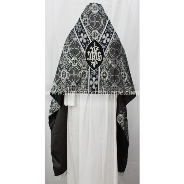 BLACK WITH SILVER HUMERAL VEIL WITH IHS EMBROIDERY