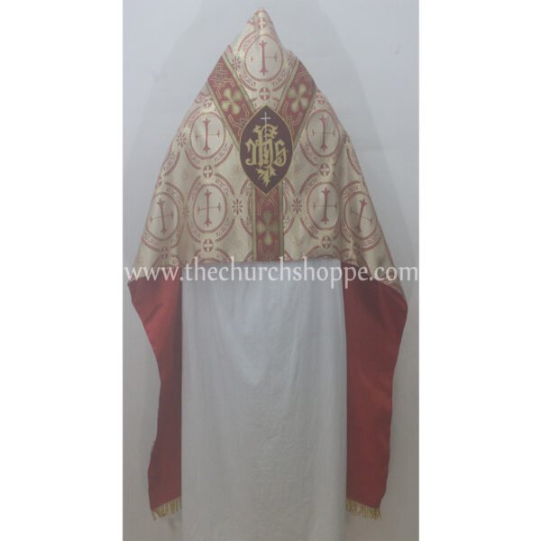 RED METALLIC HUMERAL VEIL WITH IHS EMBROIDERY