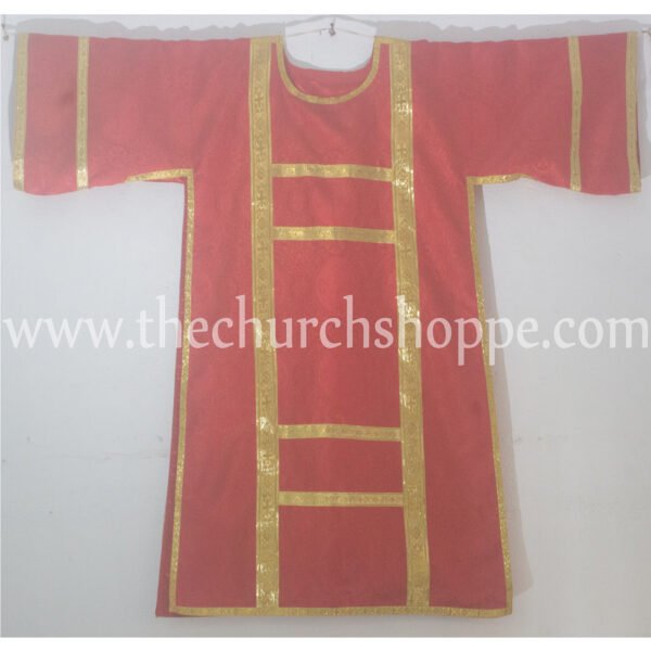 RED SPANISH DALMATIC VESTMENT WITH DEACON’S STOLE AND MANIPLE