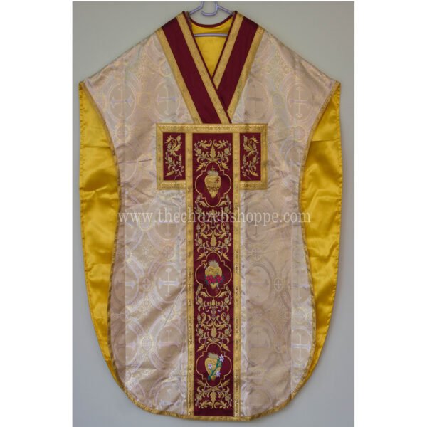METALLIC GOLD ST. PHILIP NERI VESTMENT AND MASS SET WITH THREE HEARTS OF THE HOLY FAMILY EMBROIDERY