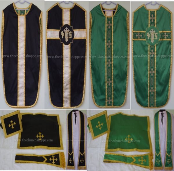 BLACK AND GREEN REVERSIBLE TRAVEL AMERICAN MILITARY VESTMENT AND MASS SET WITH IHS EMBROIDERY