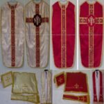GOLD AND RED REVERSIBLE TRAVEL AMERICAN MILITARY VESTMENT AND MASS SET WITH IHS EMBROIDERY