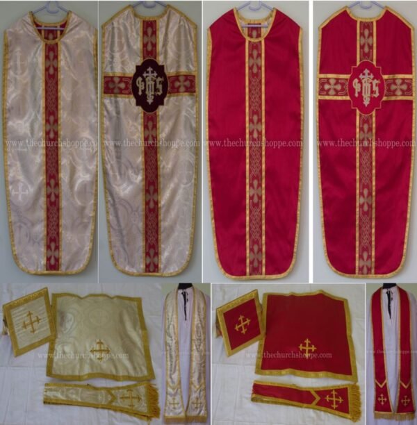 GOLD AND RED REVERSIBLE TRAVEL AMERICAN MILITARY VESTMENT AND MASS SET WITH IHS EMBROIDERY
