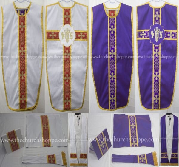WHITE AND PURPLE REVERSIBLE TRAVEL AMERICAN MILITARY VESTMENT AND MASS SET WITH IHS EMBROIDERY