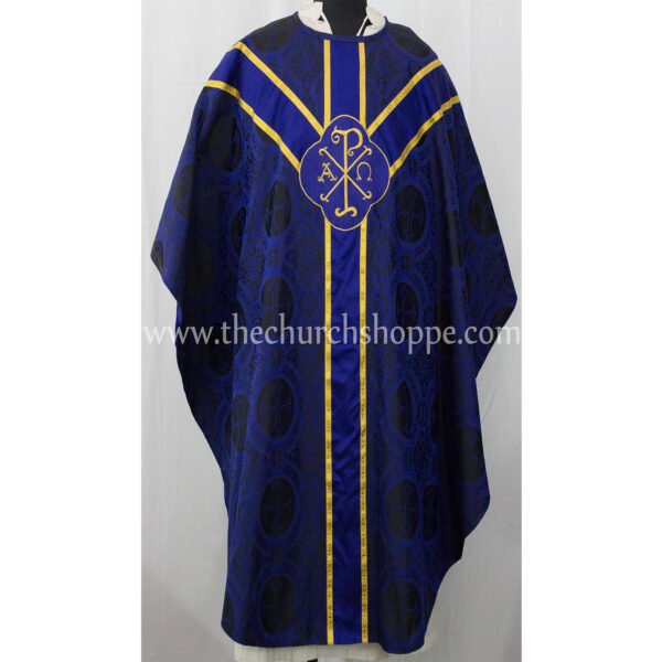 BLACK WITH BLUE GOTHIC VESTMENT WITH IHS AND PAX EMBROIDERY