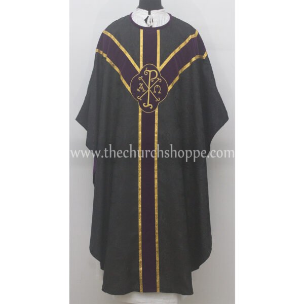 BLACK GOTHIC VESTMENT WITH IHS AND PAX EMBROIDERY