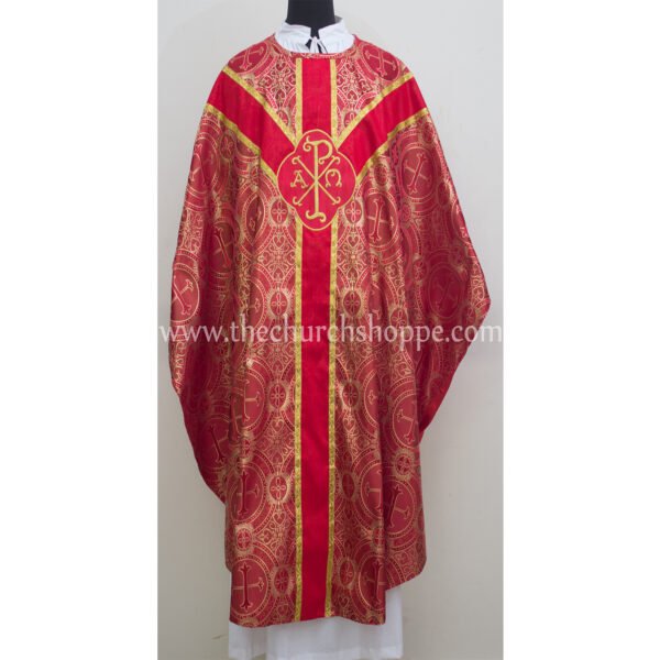 METALLIC RED GOTHIC VESTMENT WITH IHS AND PAX EMBROIDERY