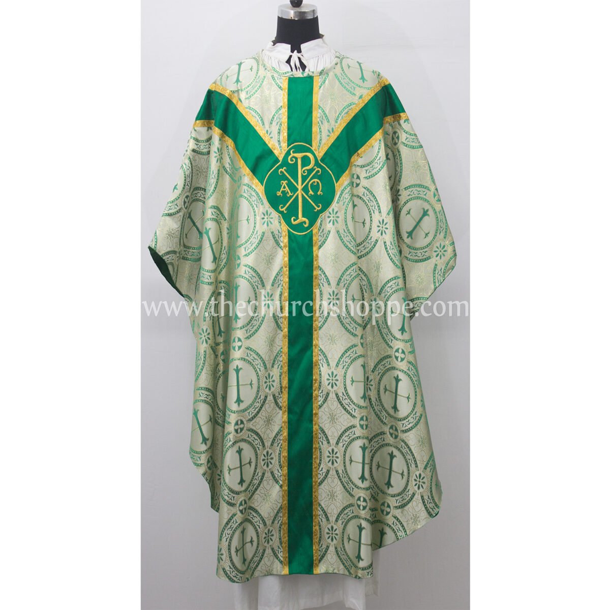 GREEN METALLIC GOTHIC VESTMENT WITH IHS AND PAX EMBROIDERY - Image 1