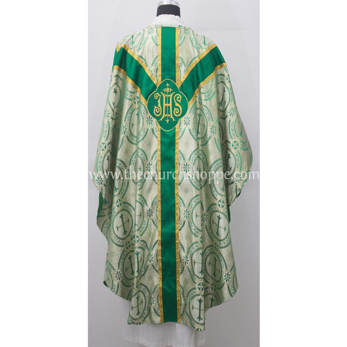 GREEN METALLIC GOTHIC VESTMENT WITH IHS AND PAX EMBROIDERY - Image 2