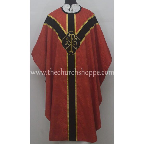 RED GOTHIC VESTMENT WITH IHS AND PAX EMBROIDERY