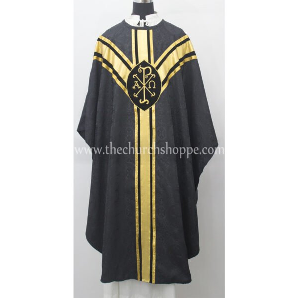 BLACK GOTHIC VESTMENT WITH IHS AND PAX EMBROIDERY