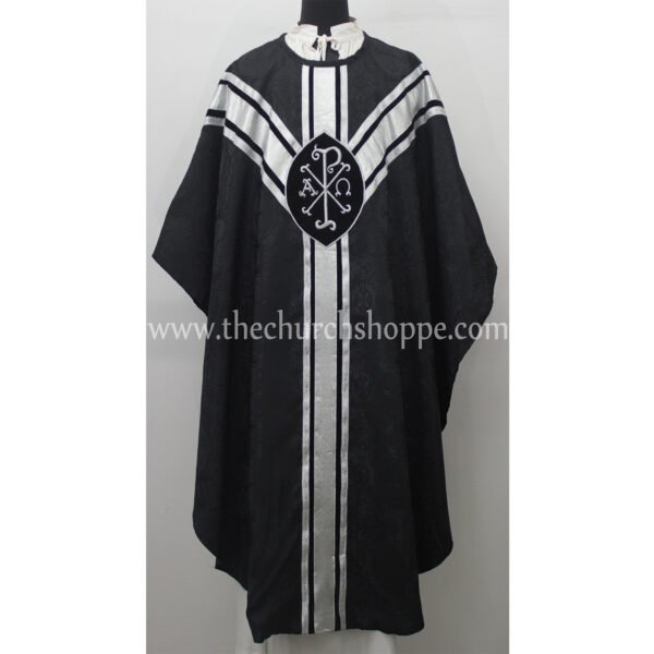 BLACK GOTHIC VESTMENT WITH IHS AND PAX EMBROIDERY