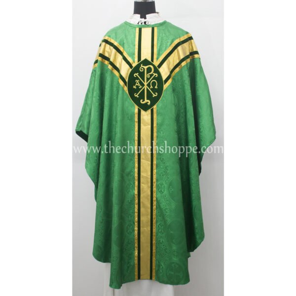 GREEN GOTHIC VESTMENT WITH IHS AND PAX EMBROIDERY