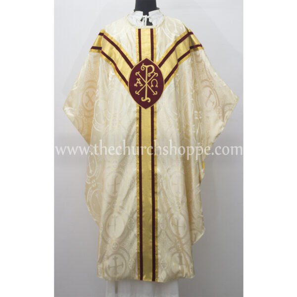 METALLIC GOLD GOTHIC VESTMENT WITH IHS AND PAX EMBROIDERY