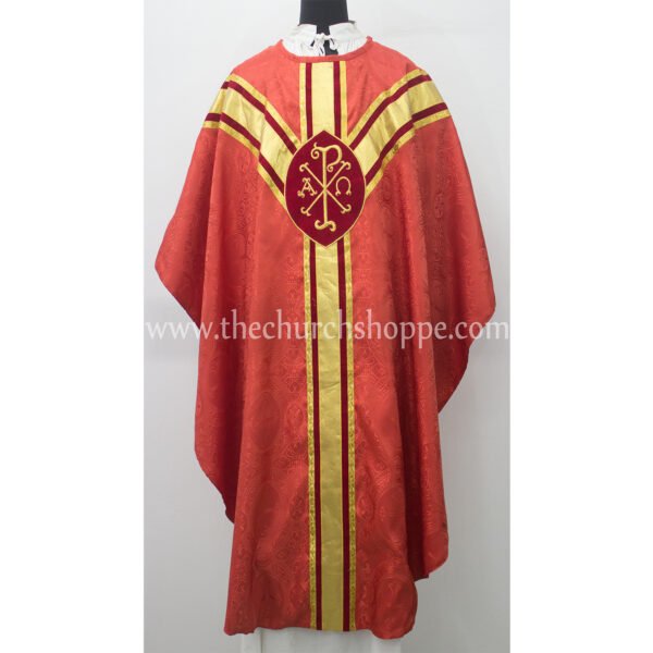 RED GOTHIC VESTMENT WITH IHS AND PAX EMBROIDERY