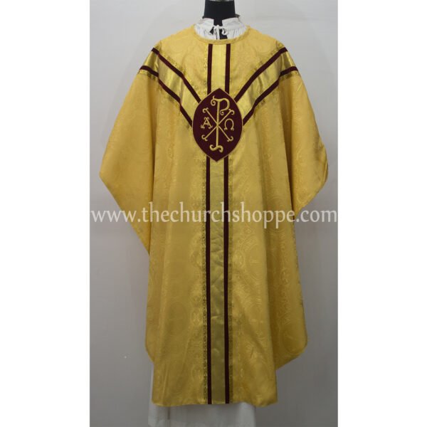 YELLOW GOTHIC VESTMENT WITH IHS AND PAX EMBROIDERY