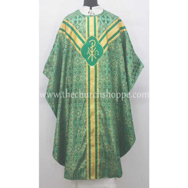 METALLIC GREEN GOTHIC VESTMENT WITH IHS AND PAX EMBROIDERY