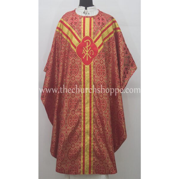 METALLIC RED GOTHIC VESTMENT WITH IHS AND PAX EMBROIDERY