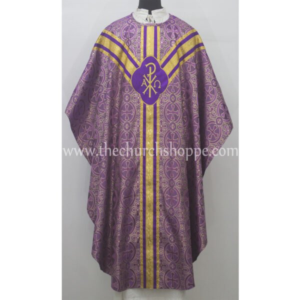METALLIC PURPLE GOTHIC VESTMENT WITH IHS AND PAX EMBROIDERY
