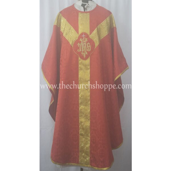 RED GOTHIC VESTMENT WITH IHS EMBROIDERY