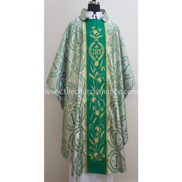 GREEN METALLIC GOTHIC VESTMENT WITH IHS EMBROIDERY