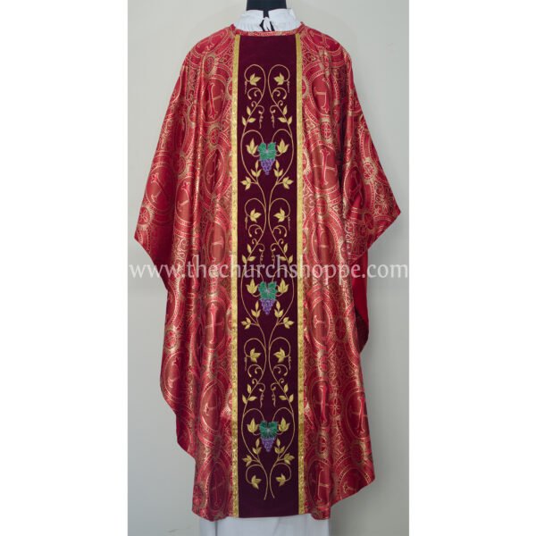 METALLIC RED GOTHIC VESTMENT WITH GRAPE AND VINES EMBROIDERY
