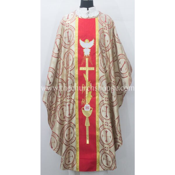 RED METALLIC GOTHIC VESTMENT WITH HOLY SPIRIT AND EUCHARIST EMBROIDERY