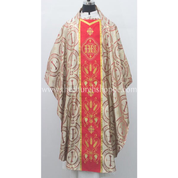 RED METALLIC GOTHIC VESTMENT WITH IHS EMBROIDERY