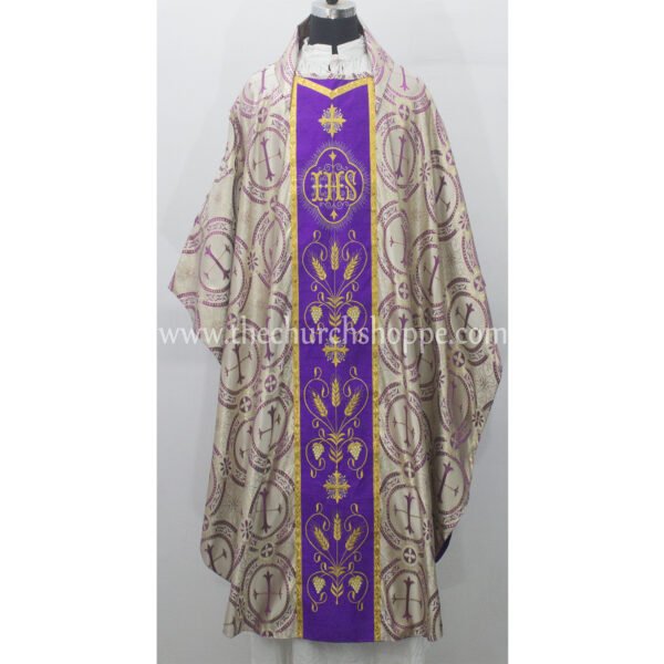 PURPLE METALLIC GOTHIC VESTMENT WITH IHS EMBROIDERY