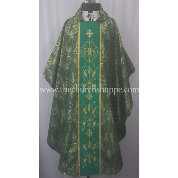 METALLIC GREEN GOTHIC VESTMENT WITH IHS EMBROIDERY