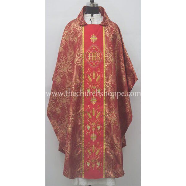 METALLIC RED GOTHIC VESTMENT WITH IHS EMBROIDERY