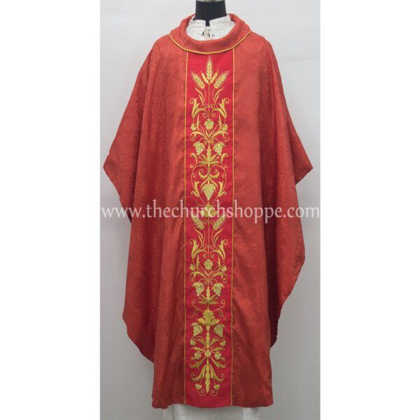 RED GOTHIC VESTMENT WITH TUDOR ROSE, WHEAT AND GRAPE EMBROIDERY