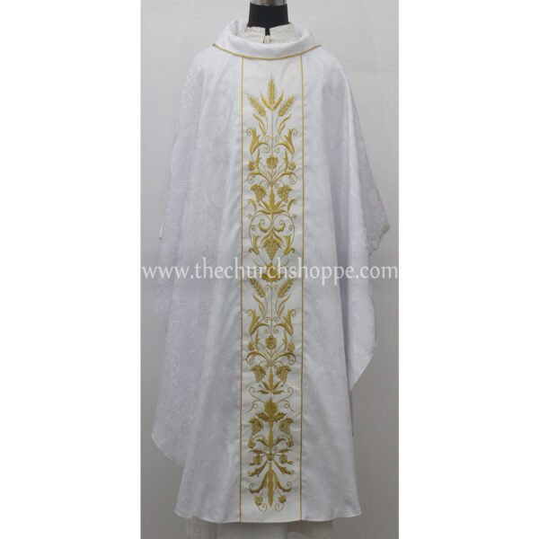 WHITE GOTHIC VESTMENT WITH TUDOR ROSE, WHEAT AND GRAPE EMBROIDERY