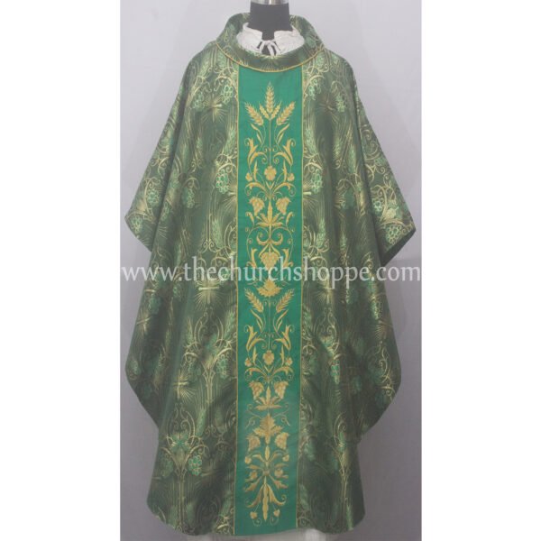 METALLIC GREEN GOTHIC VESTMENT WITH TUDOR ROSE, WHEAT AND GRAPE EMBROIDERY