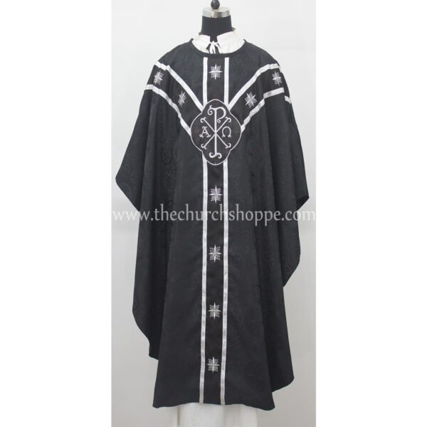 BLACK GOTHIC VESTMENT WITH IHS AND PAX EMBROIDERY
