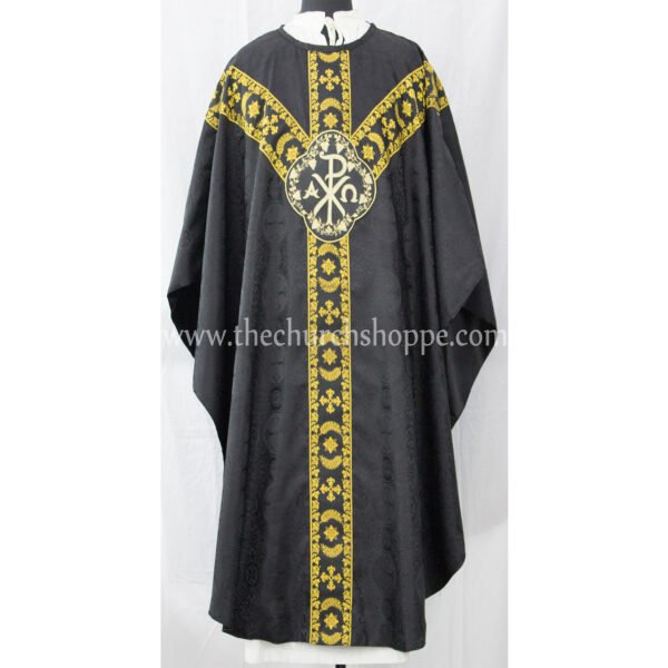 BLACK GOTHIC VESTMENT WITH IHS AND PAX EMBROIDERY