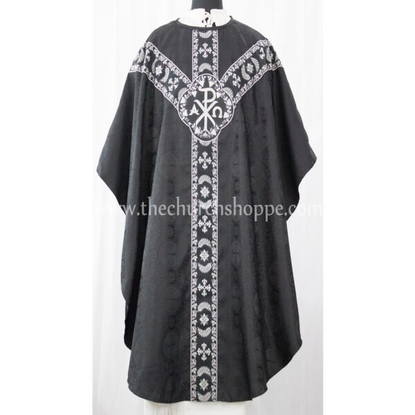 BLACK GOTHIC VESTMENT WITH IHS AND PAX EMBROIDERY